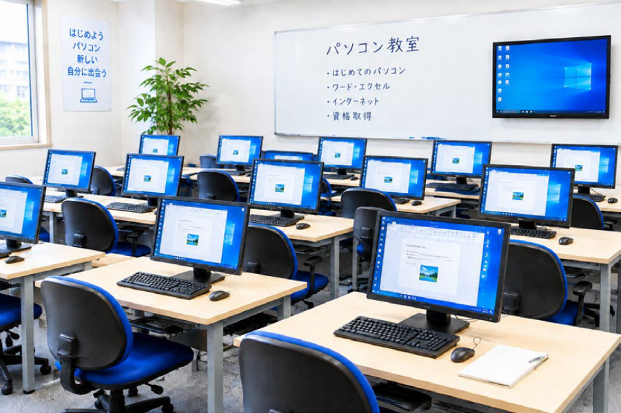 パソコンが並ぶ教室・オフィス